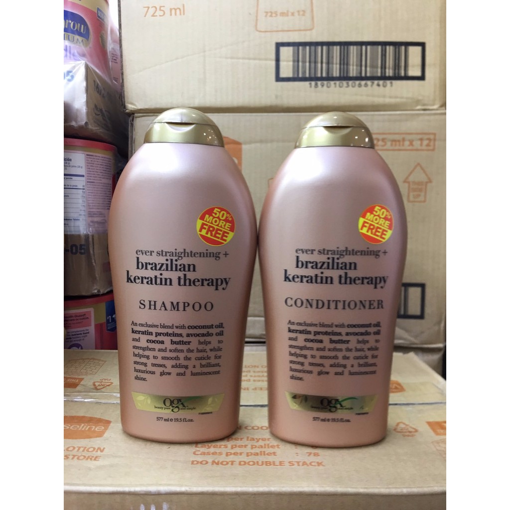 COMBO Dầu Gội - Xả chiết xuất dầu dừa OGX Ever Straightening + Brazilian Keratin Therapy Shampoo