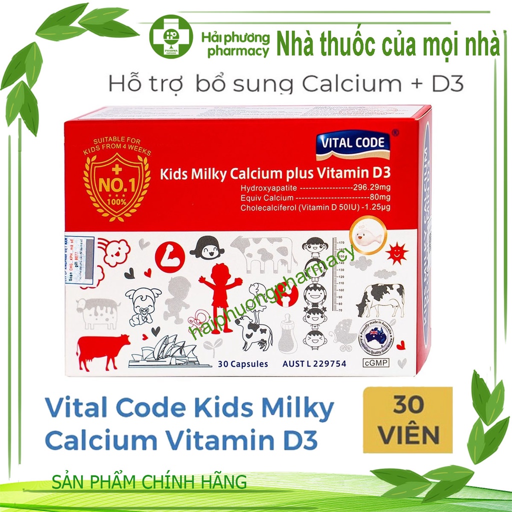 Viên uống canxi và vitamin VITAL CODE KIDS MILKY CALCIUM PLUS VITAMIN D3 - Giúp trẻ tăng chiều cao Nhâp Khẩu Úc 30V