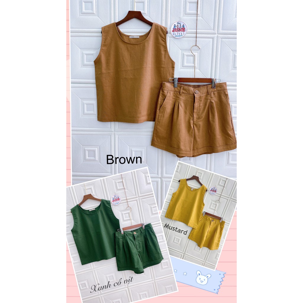JUNE S00- Set bộ Linen FULLSIZE NHIỀU MÀU - Áo sát nách cổ tròn và short có 2 túi hông - Hàng thiết kế cao cấp
