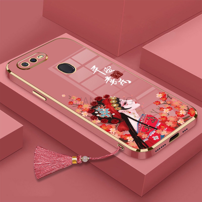 ốp lưng oppo f11 f11 pro f9 f7 Mạ điện TPU Vỏ mềm silicone Guofeng Character Case điện thoại với dây buộc tua