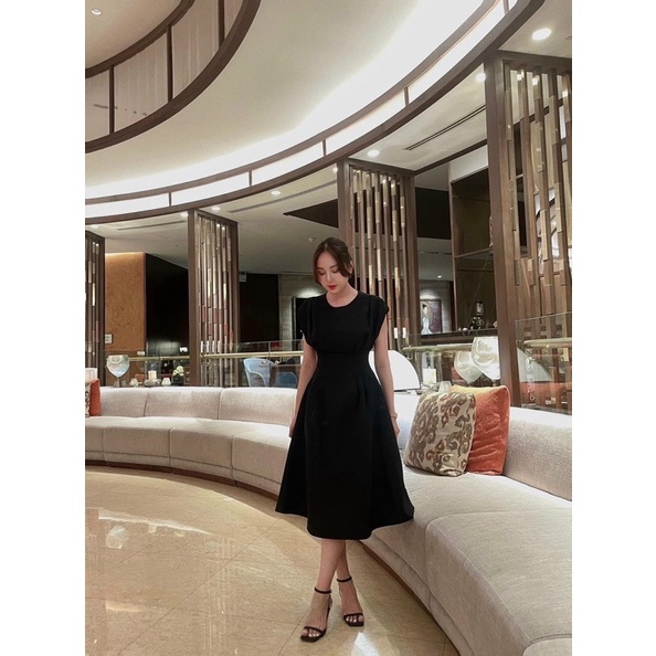 Đầm midi li eo tay hến dáng xoè trắng đen [kèm hình thật]