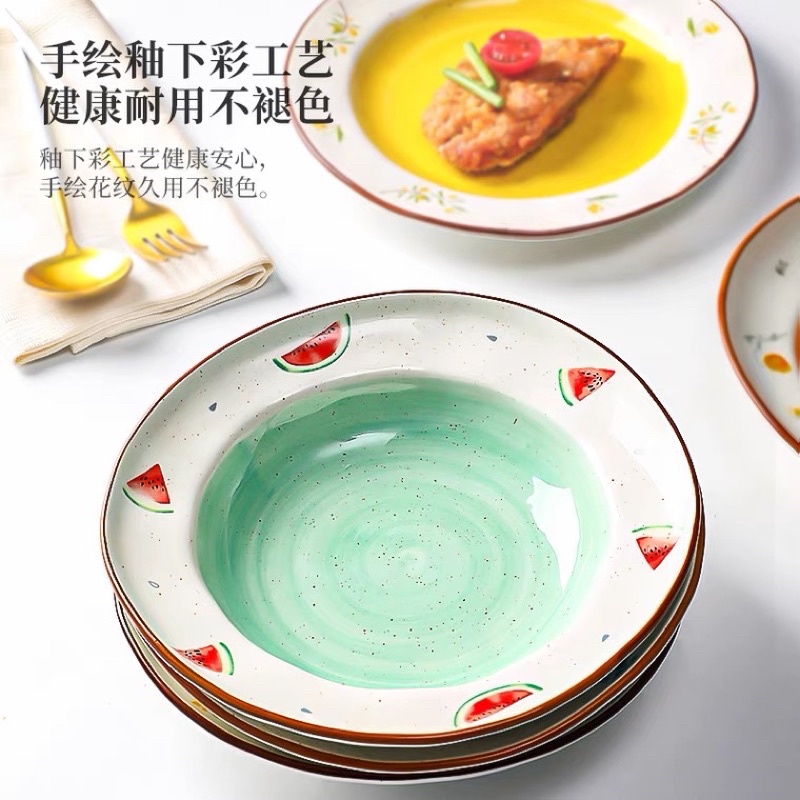 Đĩa sâu lòng, Bát tô hình thố, Dĩa sứ dài men cao cấp cho nhà bếp vintage hình dưa hấu, hoa vàng