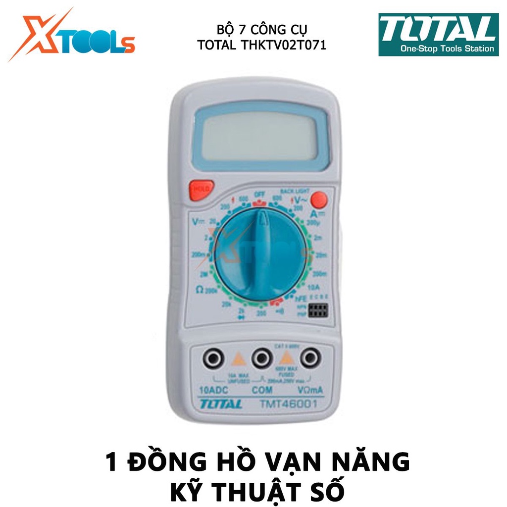 Bộ 7 công cụ viễn thông TOTAL THKTV02T071 Bộ 7 công cụ viễn thông gồm 1 Đồng hồ vạn năng kỹ thuật số, 1 kềm đo kỹ thuật