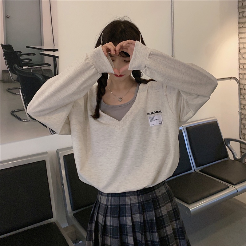 Áo sweater tay dài cổ chữ V dáng ngắn phong cách thời trang Hàn Quốc