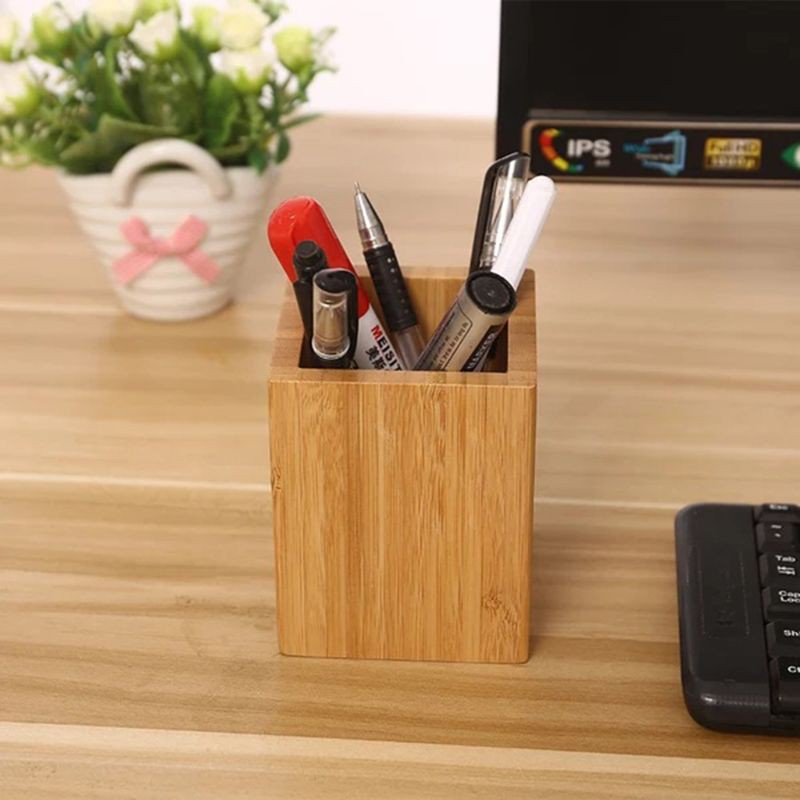 RAN Bamboo Pen Pencil Holder Makeup Brush Storage Office Desktop Stationery Organizer Square Container