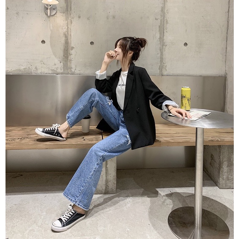 Quần jean bò ống rộng. quần jeans suông nữ cạp cao phong cách Hàn Quốc sành điệu style
