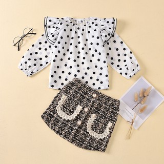 Bộ đồ 2 món gồm áo tay nhún bèo họa tiết chấm bi + chân váy mini dễ thương cho bé gái