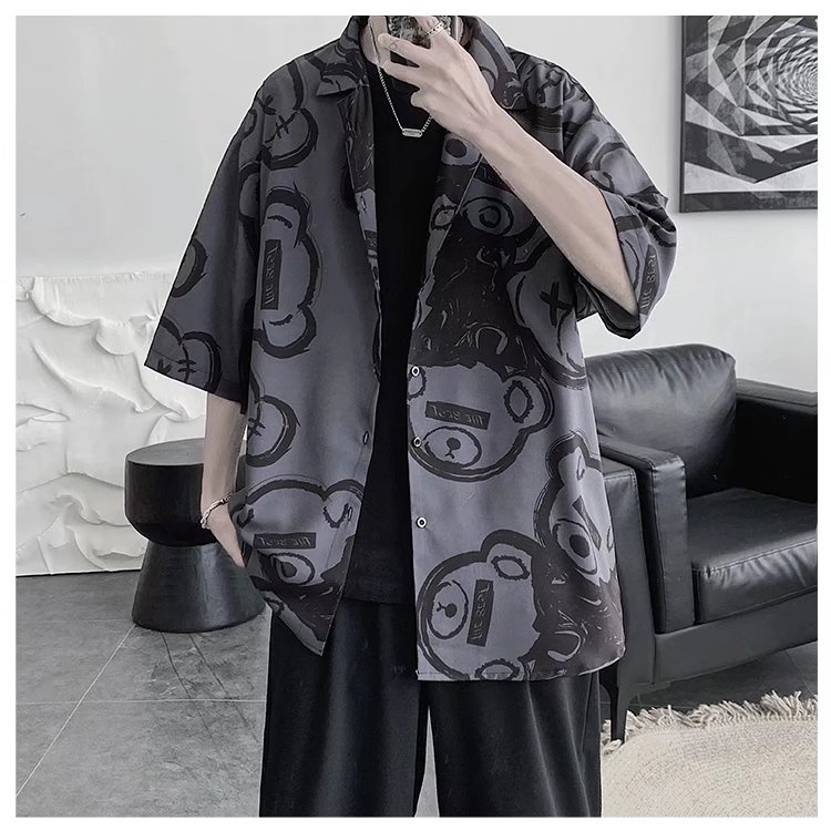 Short Sleeve Shirt With Cartoon Bear Pattern Korean Style Summer Men's Fashion 2022