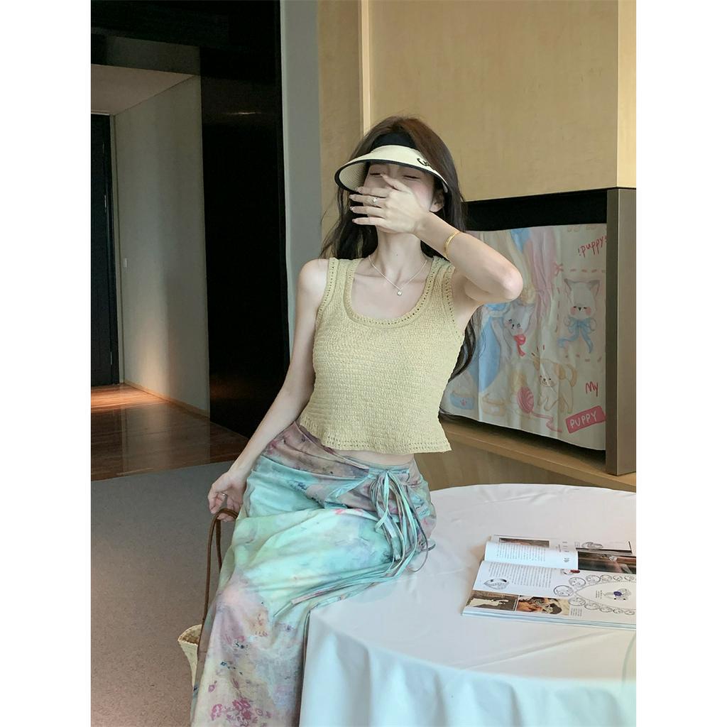 Cocory vn Bộ Áo Tank Top Dệt Kim + Chân Váy Lưng Cao Thời Trang Retro Quyến Rũ Cho Nữ