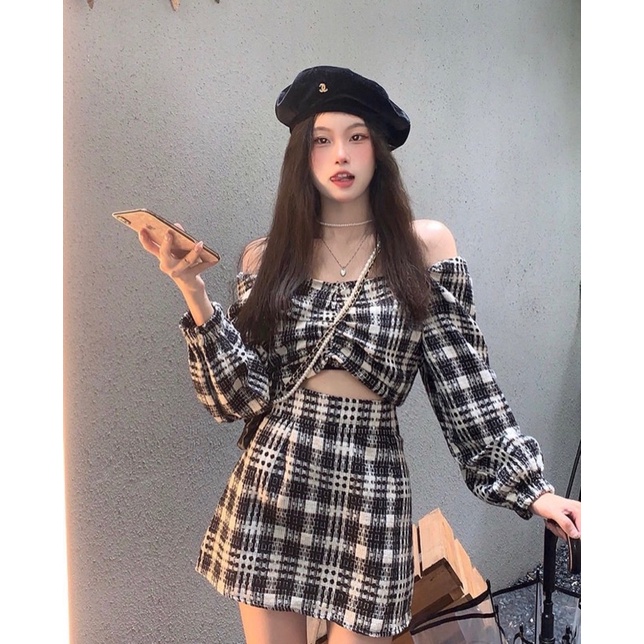 Set áo crop caro xoắn ngực tay dài + chân váy form A ulzzang quảng châu | BigBuy360 - bigbuy360.vn