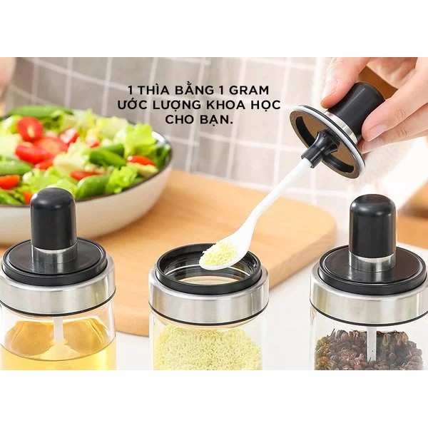 BỘ 6 HŨ THỦY TINH 250ML ĐỰNG GIA VỊ, BỘT, CAFE, TƯƠNG ỚT KÈM THÌA MÚC