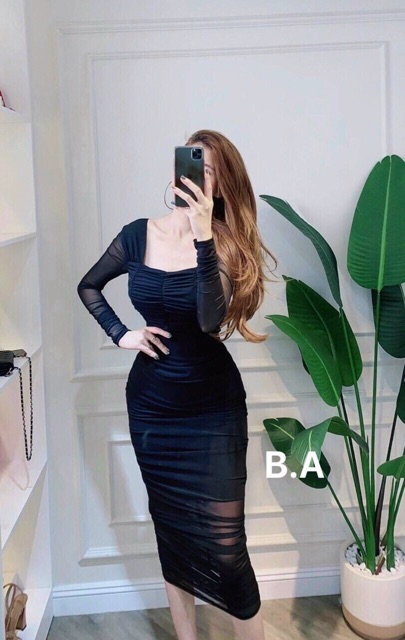 Váy body mix lưới dáng dài siêu ôm cô vuông tay dài