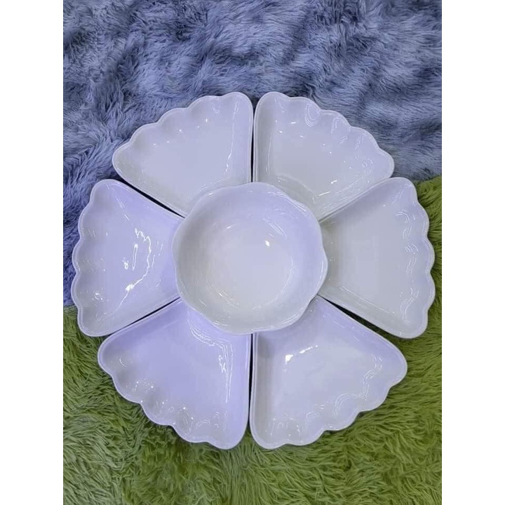 Bộ bát đĩa hoa mặt trời Bát Tràng giá rẻ - Set bát dĩa đẹp thắp hương thờ cúng gia tiên Bát Tràng 6 đĩa và 1 bát tô