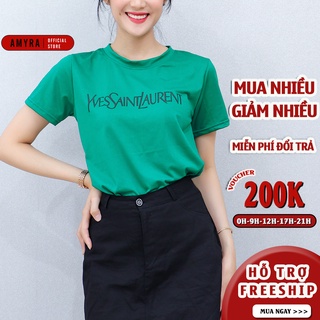 Áo thun nữ cổ tròn màu xanh AMYRA phông in chữ basic chất thun cotton co giãn tốt mặc đi làm, đi chơi thoải mái AT049