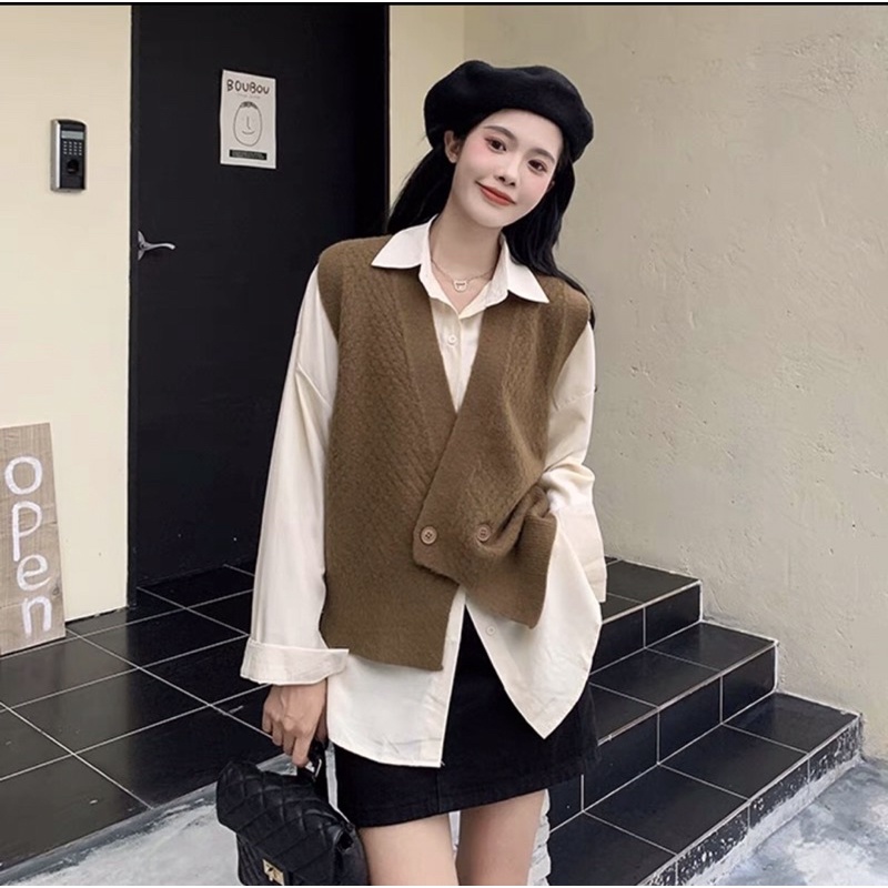 Áo gile len nữ kiểu dáng áo vest cổ V cài khuy
