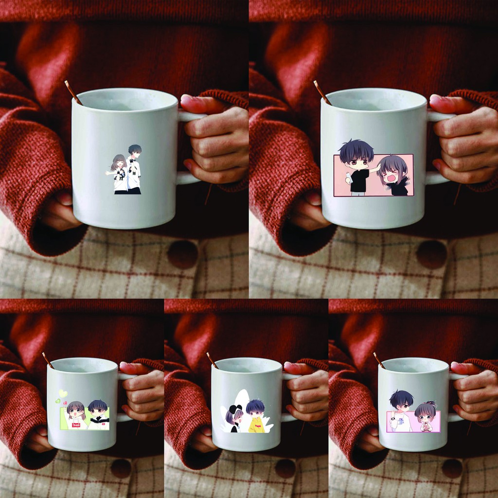 Cốc sứ trắng in hình CON TIM RUNG ĐỘNG manhua anime chibi dễ thương xinh xắn