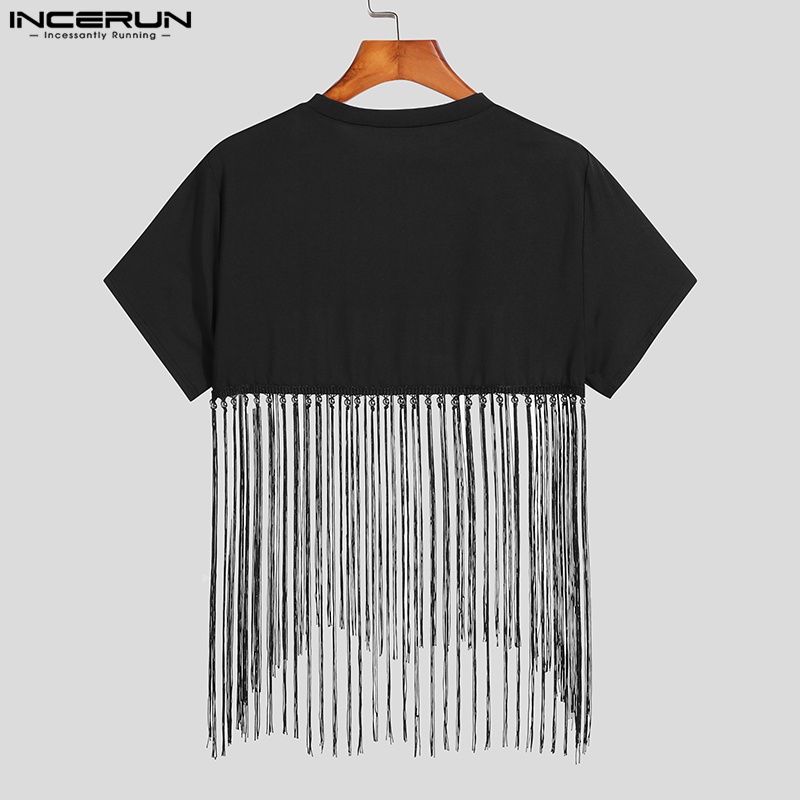 Áo thun INCERUN crop top tay ngắn phối tua rua gợi cảm cho nam