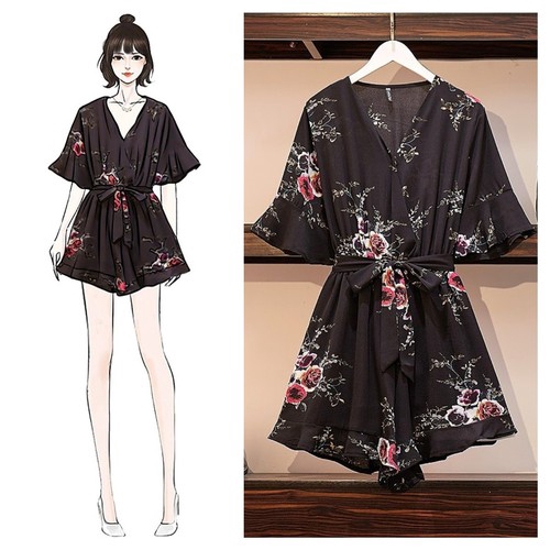 【L~5XL Big Size】Jumpsuit voan hoa tay loe thắt nơ eo tôn dáng trẻ trung 8750