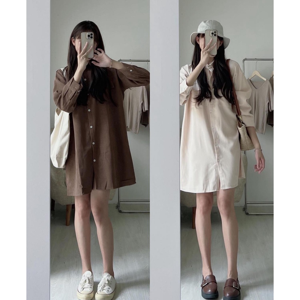 Váy sơ mi dáng dài Hàn Quốc nhung tăm basic TÚI ngực