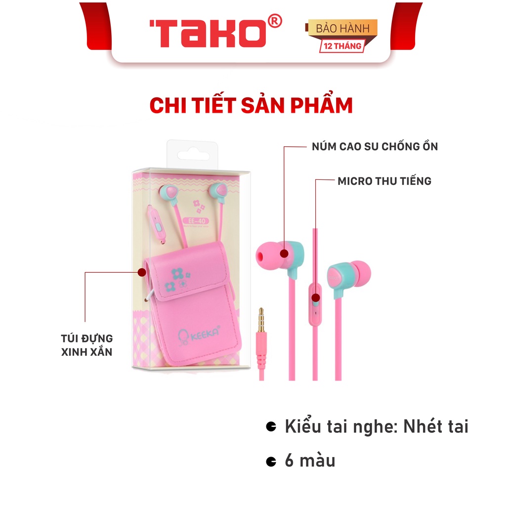 Tai nghe nhét tai chống ồn có dây tích hợp micro teen KEEKA EE 40. Chính hãng, BH 6 tháng