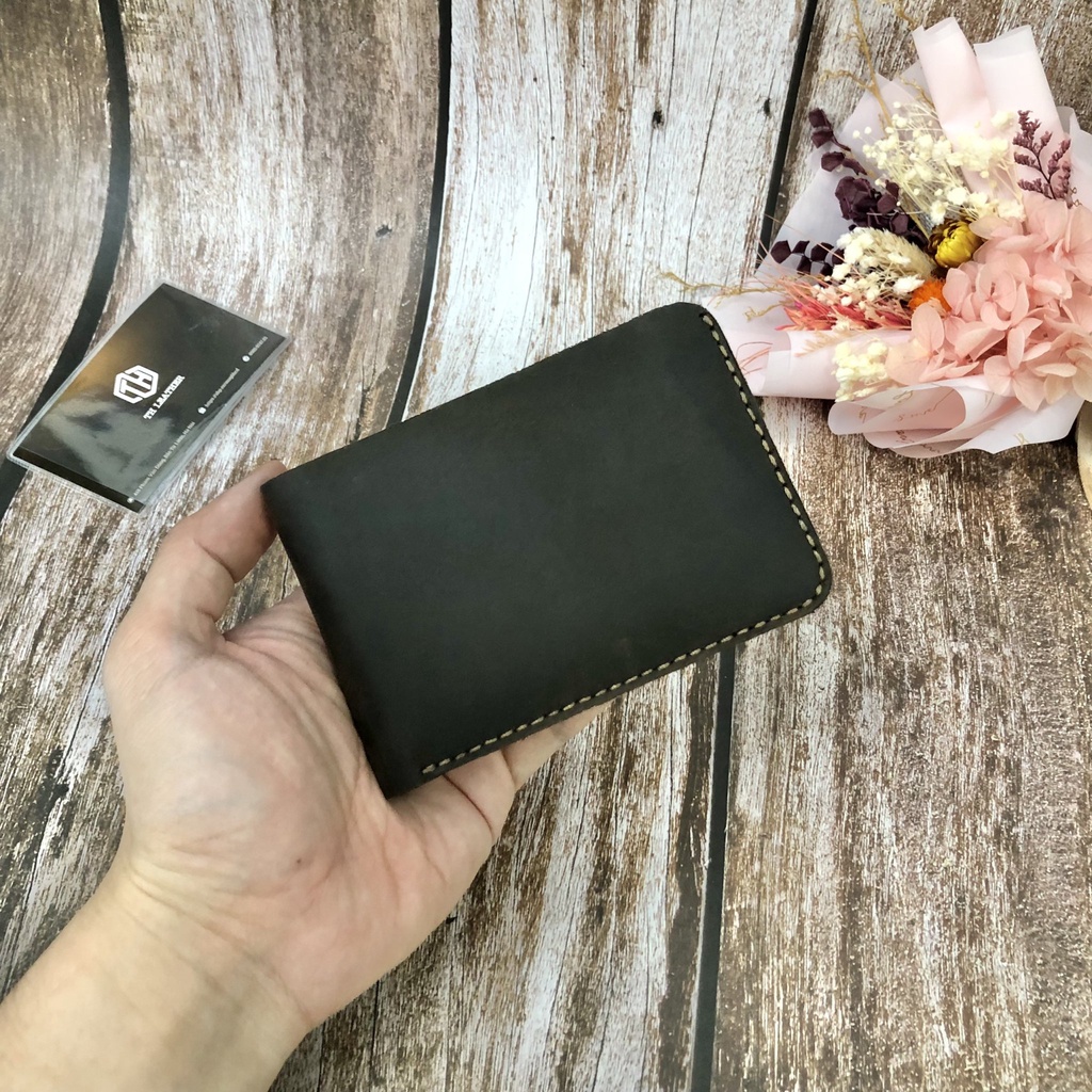 Ví Nam Da Bò Sáp Khâu Viền Thủ Công Vintage, Bóp Da Nam Mini Dáng Ngang Handmade Nhỏ Gọn - BH 2 Năm
