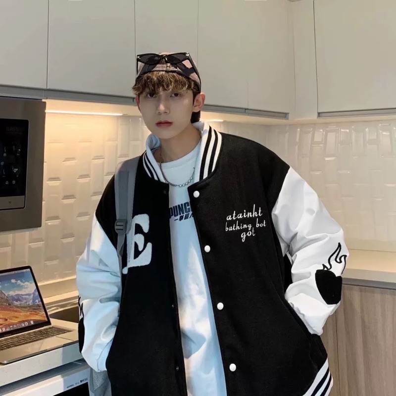 Áo bomber phối tay da chữ E TC6