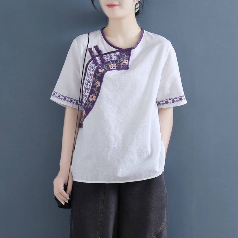 Áo Sơ Mi Cotton Lanh Tay Ngắn Dáng Rộng Cài Nút Thêu Hình Đĩa Trà Trung Hoa Thời Trang Mùa Hè Hàng Mới Dành Cho Bạn Nữ 2022