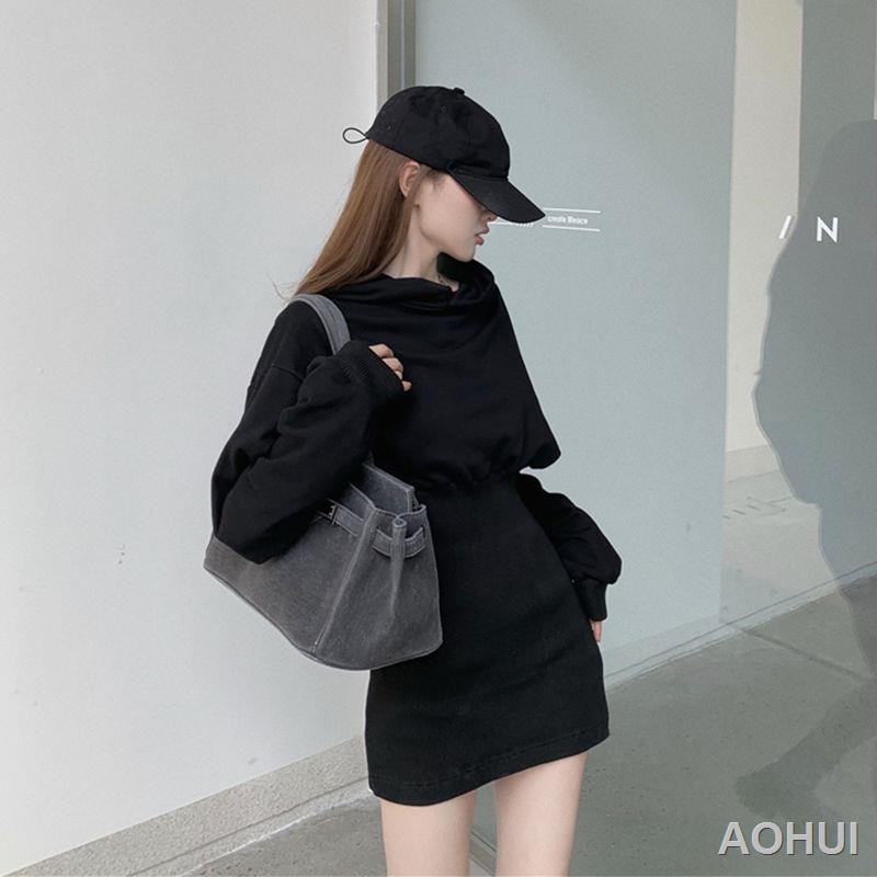 Thời trang mới mùa thu và mùa đông váy len có mũ trùm đầu dày