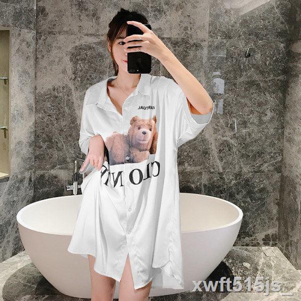 pyjama nữ lụa băng gợi cảm vẻ đẹp trắng lạnh trong gió buông lỏng bạn trai áo sơ mi dài trung ngủ aW