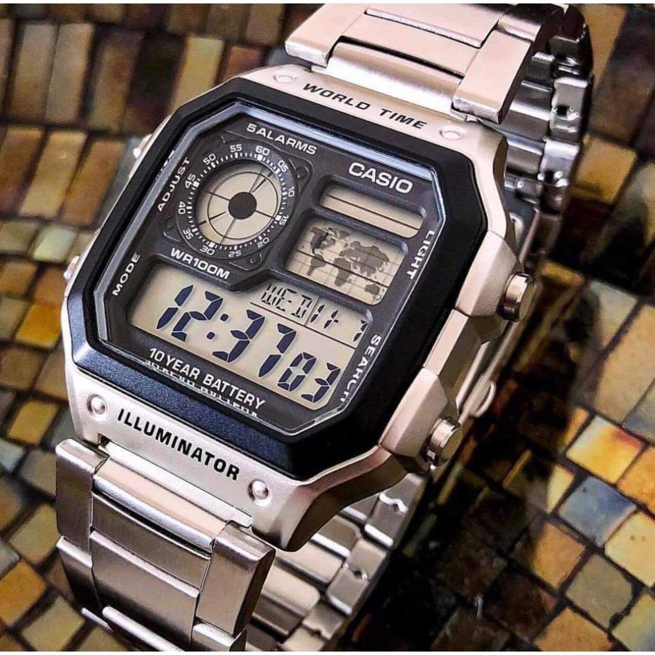 Đồng hồ nam casio AE 1200-WHD full box hiện thị điện tử máy Nhật chống nước siêu đẹp