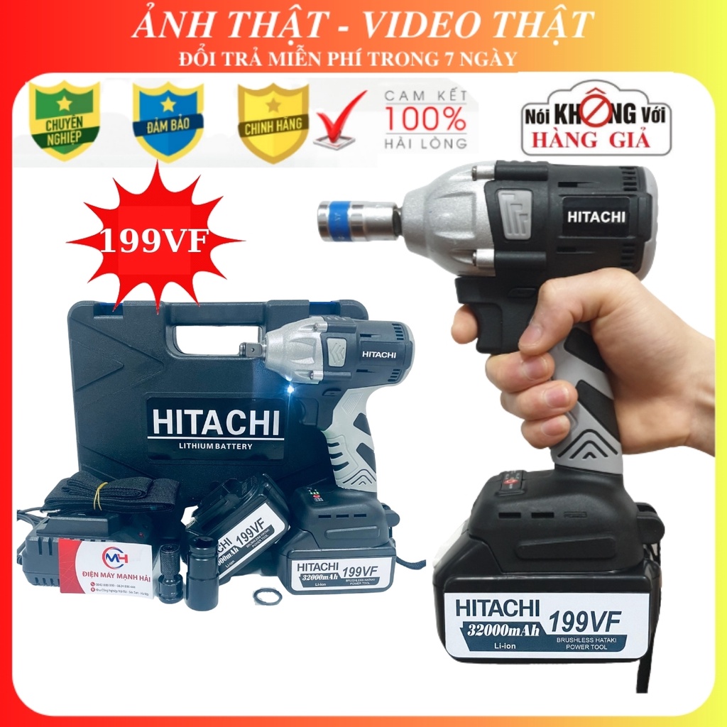 Máy siết bulong Hitachi 199VF - 2 PIN - Đầu 2 trong 1 - Máy bắn bulong KHÔNG CHỔI THAN - TẶNG Đầu chuyển vít, khẩu 22mm