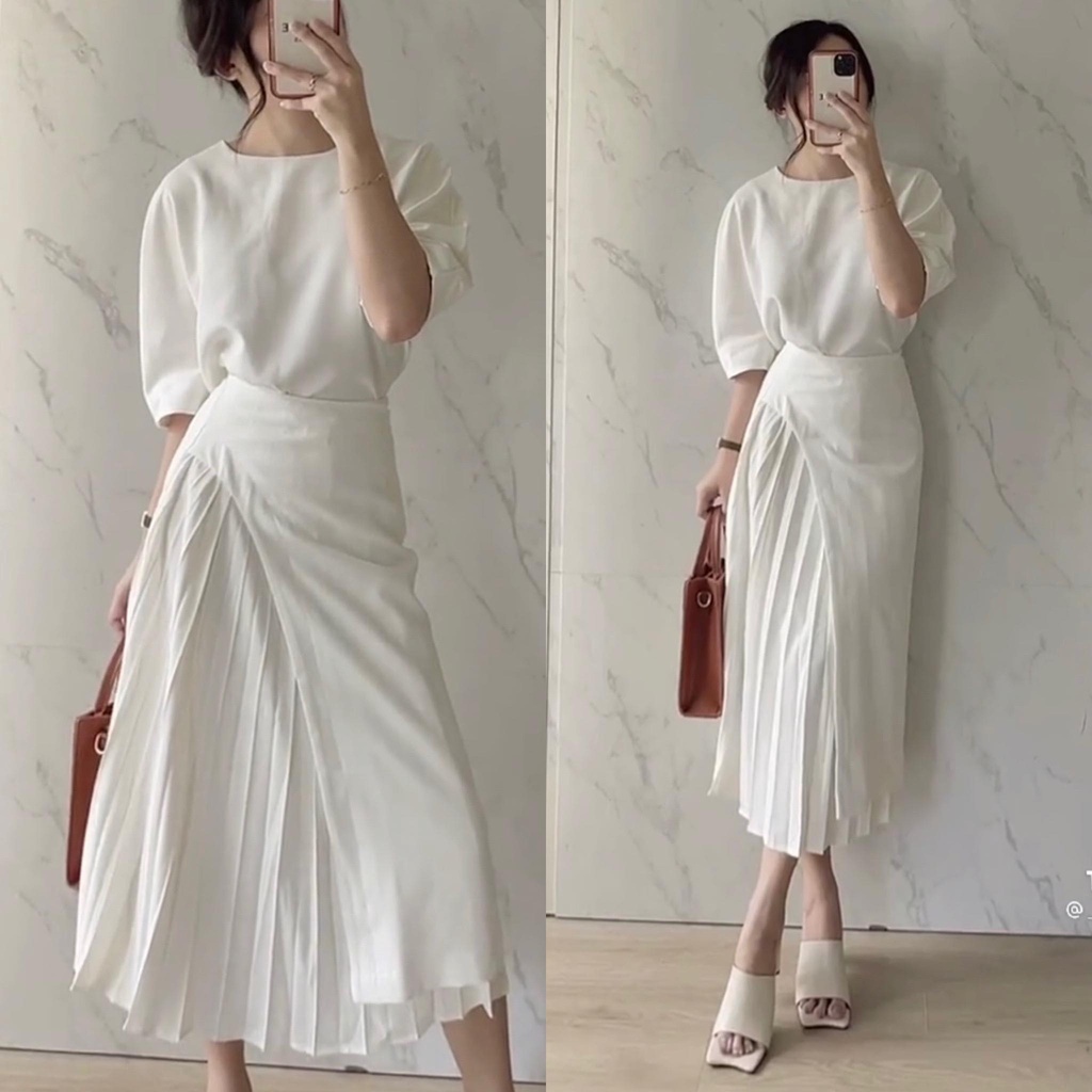 Set chân váy xếp ly lệch tà công sở dáng dài kèm áo cổ tròn tay phồng basic sang chảnh 3 màu trắng đen nude