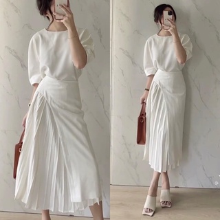 Set chân váy xếp ly lệch tà công sở dáng dài kèm áo cổ tròn tay phồng basic sang chảnh 3 màu trắng đen nude( Ảnh thật)
