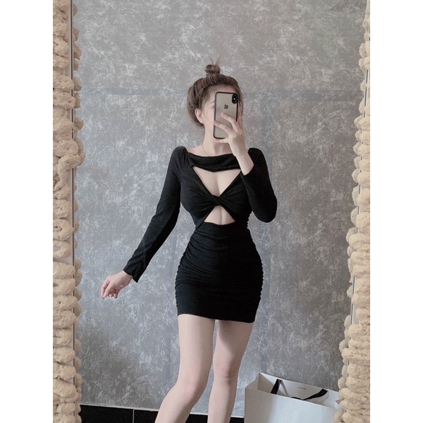 ĐẦM BODY GÂN TAY DÀI BẢN NGỰC XOÉN NGỰC HÌNH NƠ CÓ MÚT NGỰC Hình thật cuối