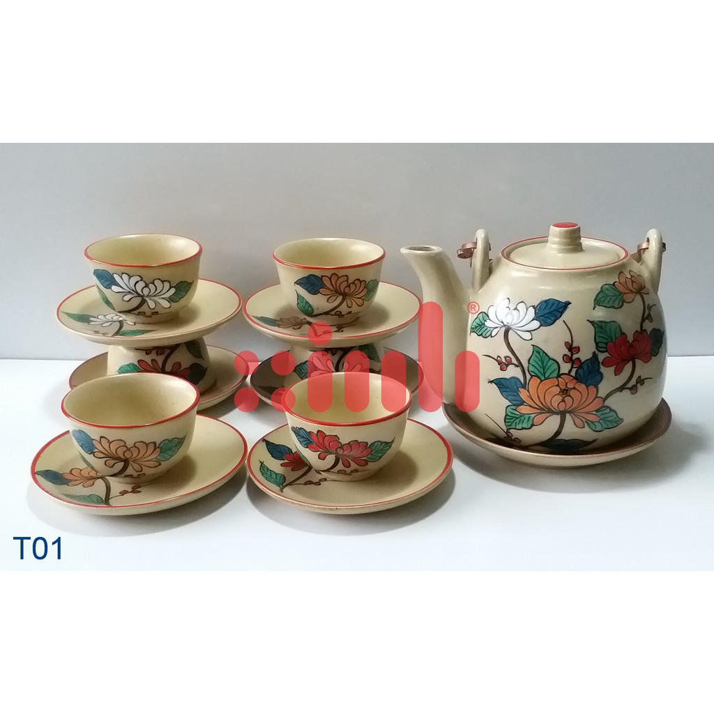 (T01) Bộ ấm chén Bát Tràng, vẽ hoa cúc màu