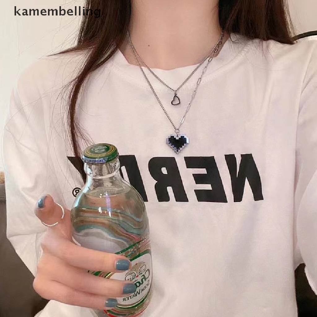 Dây Chuyền Dài Hai Lớp Mặt Trái Tim Khảm Hình Trái Tim Màu Đen Phong Cách Hip Hop Gothic Cho Nam Và Nữ