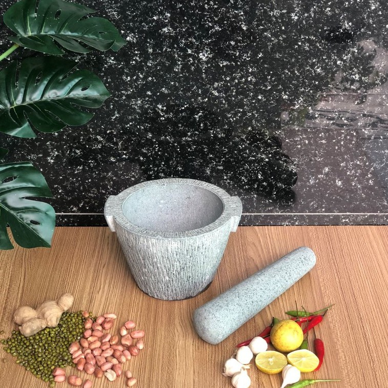 Bộ sản phẩm cối đá + chày đá xanh nguyên khối bạc Đường Kính 15cm