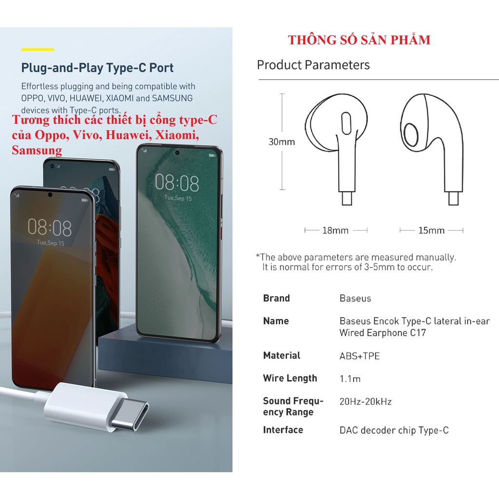 Tai nghe nhét tai có mic chân cắm type C Baseus Encok C17