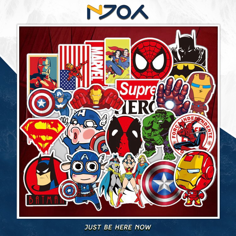Set 50 Miếng Sticker Avenger Marvel Dc Chống Nước Dán Nón Bảo Hiểm, Laptop, Vali, Tủ, Bàn Học, Xe Máy