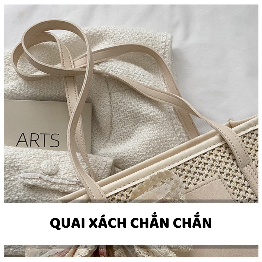 Túi Cói Kẹp Nách (Túi Xách Đeo Vai) Phối Dây Da &amp; Nơ Ren Hoa Thời Trang Công Sở - Mã XT064