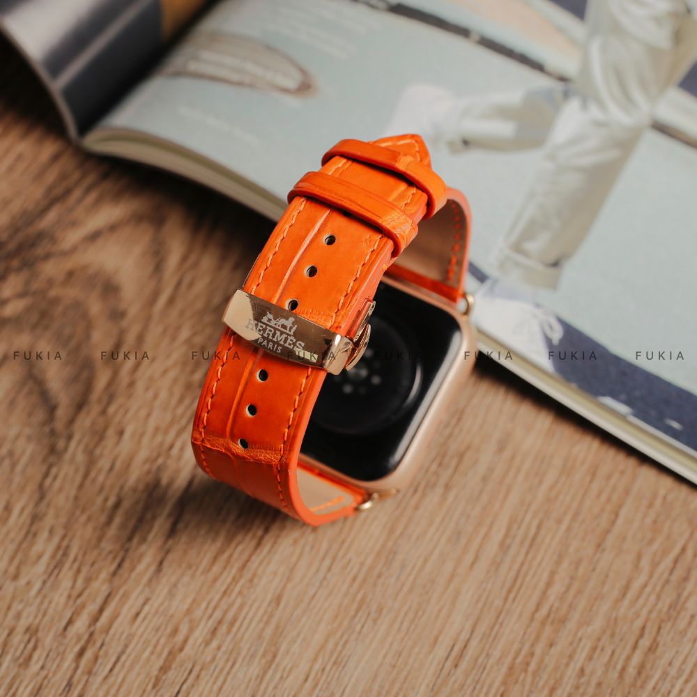 Dây da thủ công Cá Sấu Cam dành cho Apple Watch, đồng hồ thông minh, đồng hồ cơ FUKIA DDTC255