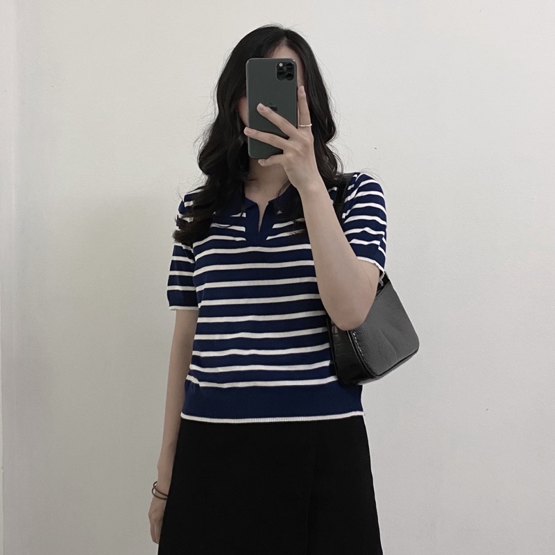 Áo polo ngắn tay kẻ sọc ngang xinh xắn phong cách Hàn Quốc (ảnh thật ở cuối) | BigBuy360 - bigbuy360.vn
