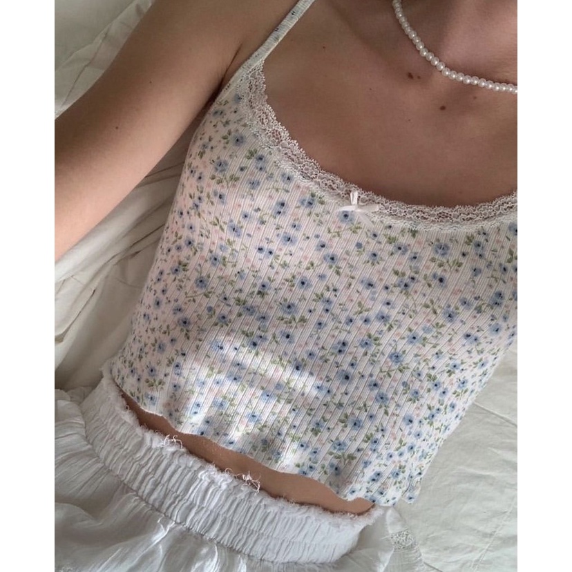 Áo hai dây Skylar Bow Tank viền ren hoạ tiết hoa nhí