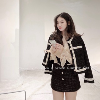 Áo dạ tweed đen viền ngọc