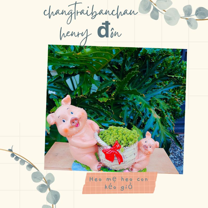 [Mẫu mới]Chậu heo mẹ heo con xách giỏ