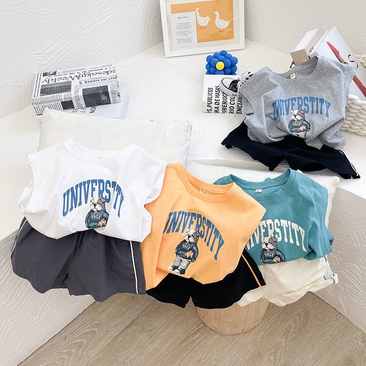 Bộ Áo Thun Cotton + Quần Lửng Sát Nách Phong Cách Phương Tây Thời Trang Mùa Hè Cho Bé Trai