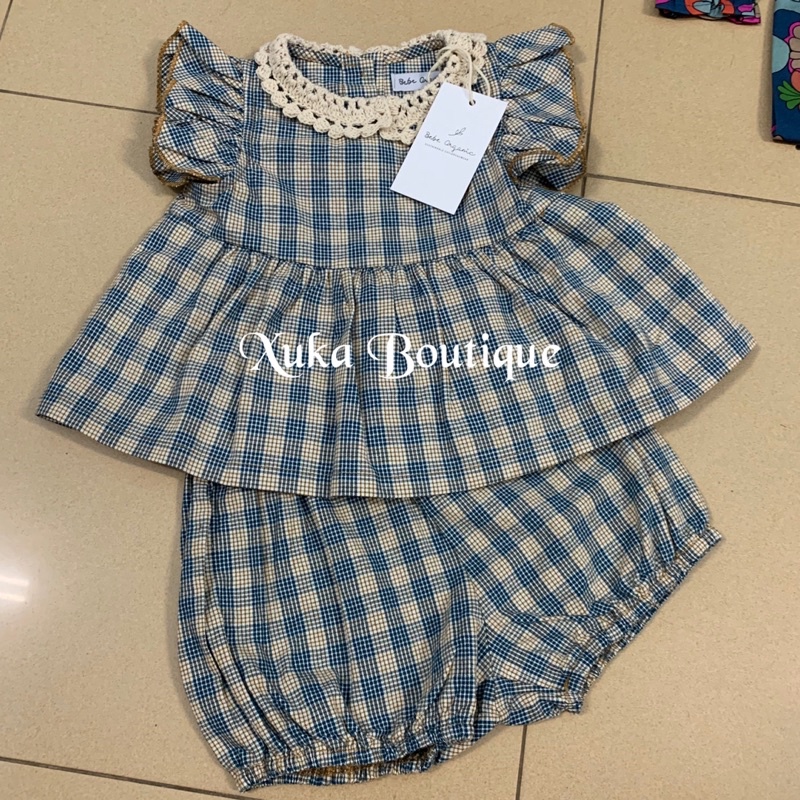 Bộ Quần Áo Trẻ Em Cao Cấp Bebe Organic |Set Áo kèm Quần Cổ Tròn Tay Cánh Tiên Kẻ Caro Bé Gái (Ảnh thật)