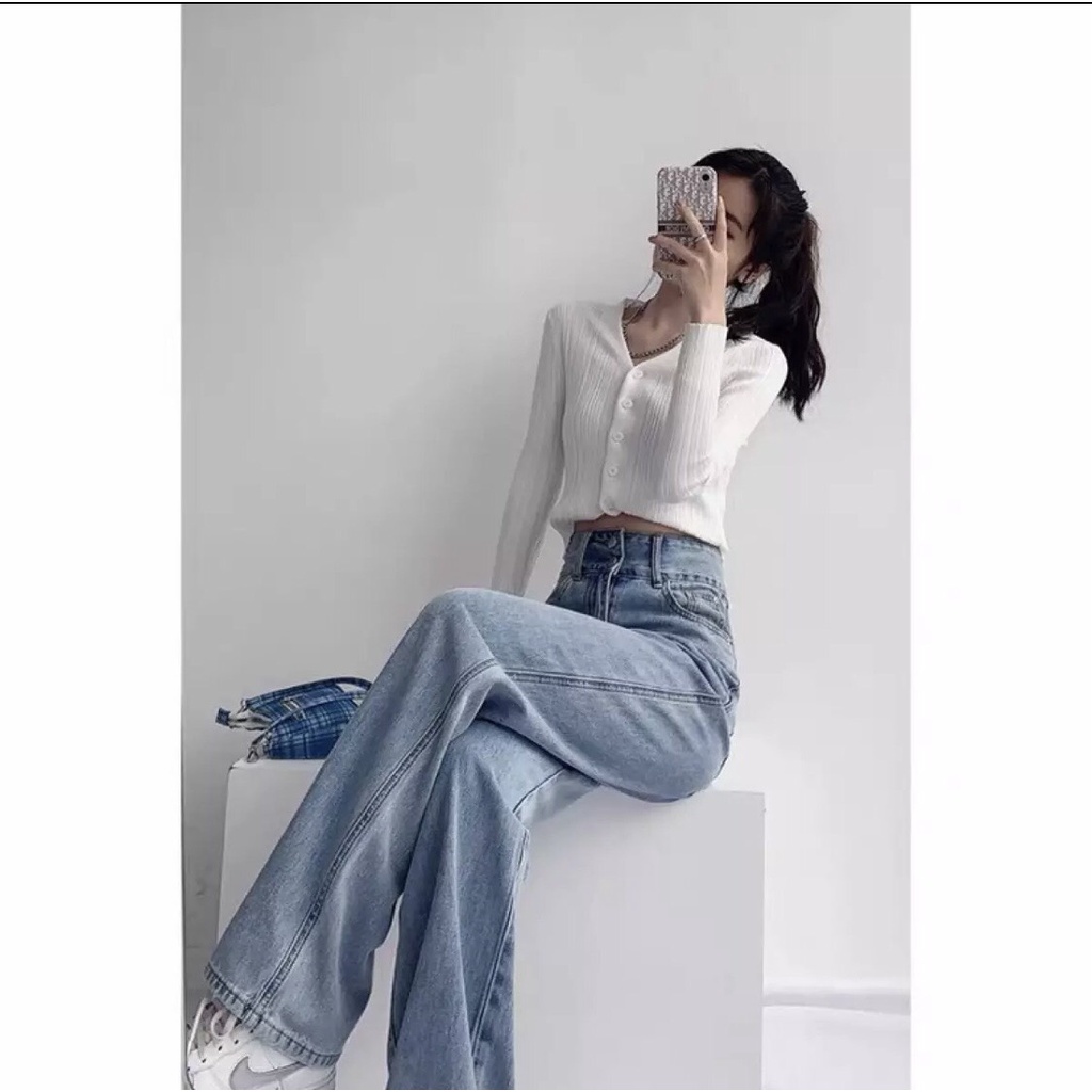 Quần Jean Nữ Lưng Cao Ống Rộng Dáng Suông Dài Qua Chân Kiểu Túi Truyền Thống Đơn Giãn Dễ Phối Áo Crt