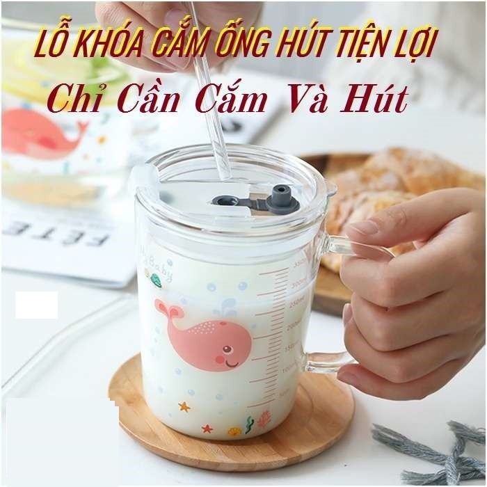 Cốc Giữ Nhiệt Cốc Thủy Tinh Pha Sữa Chia Vạch Kèm Ống Hút Cho Bé 350ml