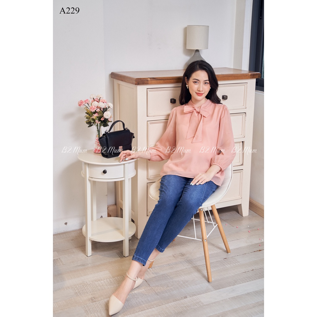 A229 Áo bầu tơ dài tay nơ cổ B2 MUM